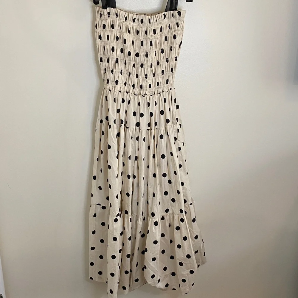 En Saison Black and Cream Polka Dot Midi Dress Smoked Tiered Cottagecore Large - Picture 8 of 8